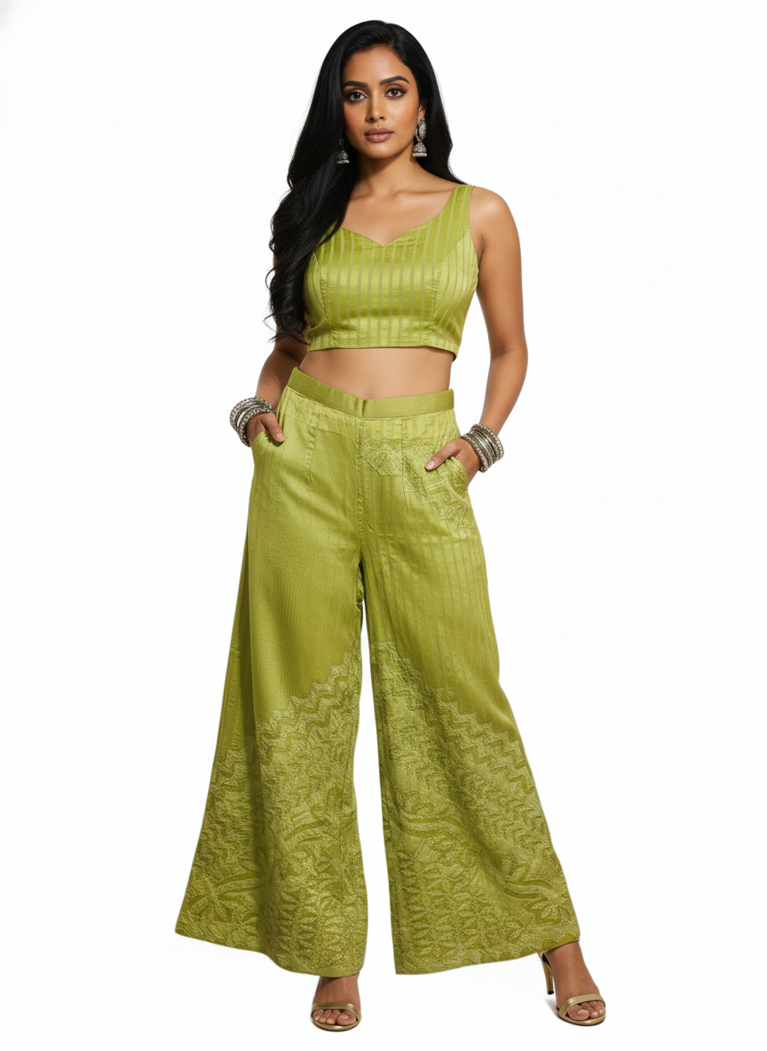 Woman wearing a green plazzo  on a white background