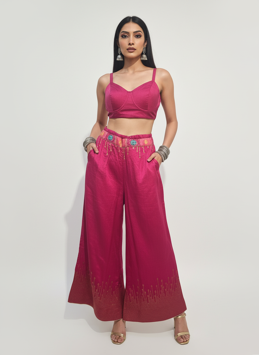 Woman wearing a pink plazzo pant with matching top on a white background