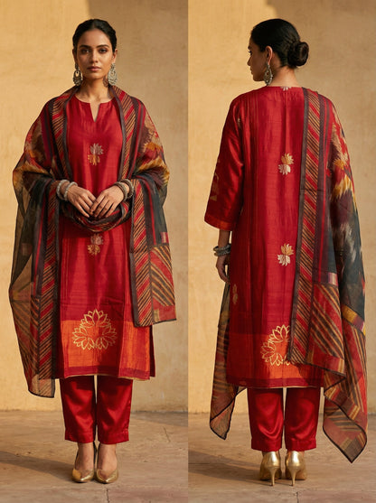 Semi Stitched Chanderi Casual Suitset