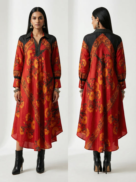 Stitched Ajrakh flared dress