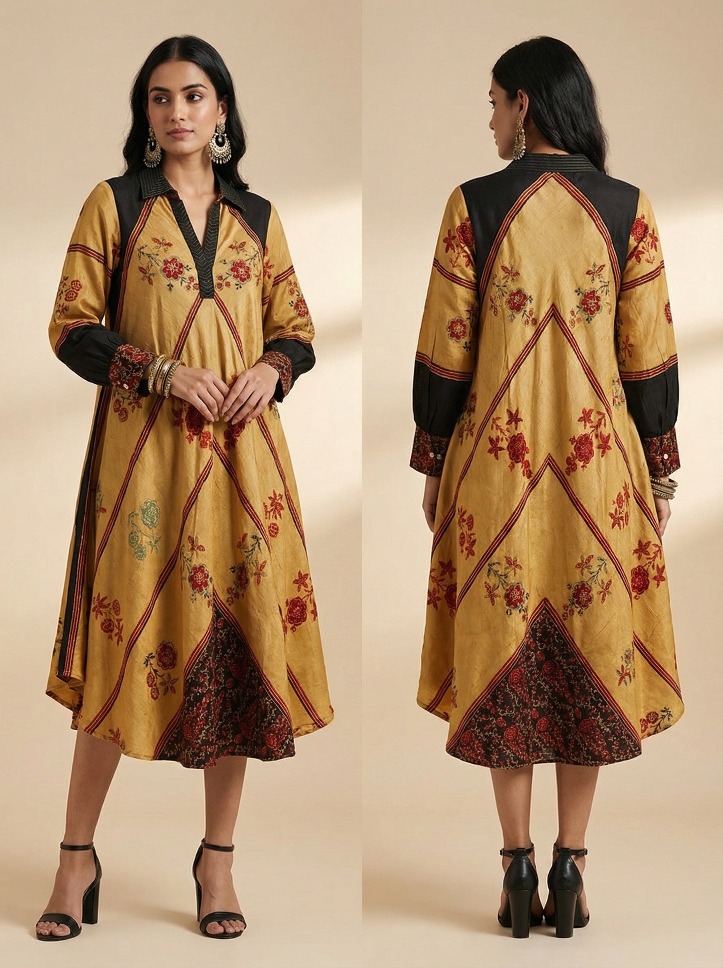 Stitched Ajrakh flared dress