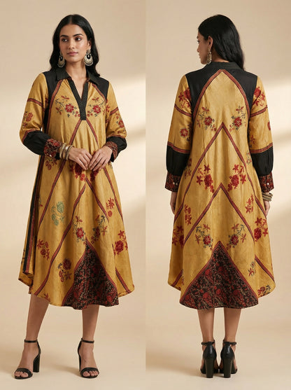 Stitched Ajrakh flared dress