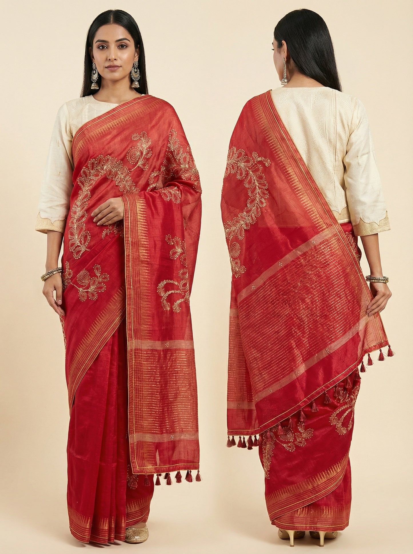 Formal silk linen embroidered Saree