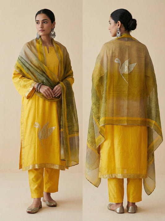 Semi Stitched Casual Chanderi Suitset