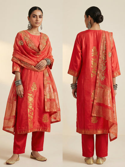 Pink traditional suit with gold embroidery on a plain background