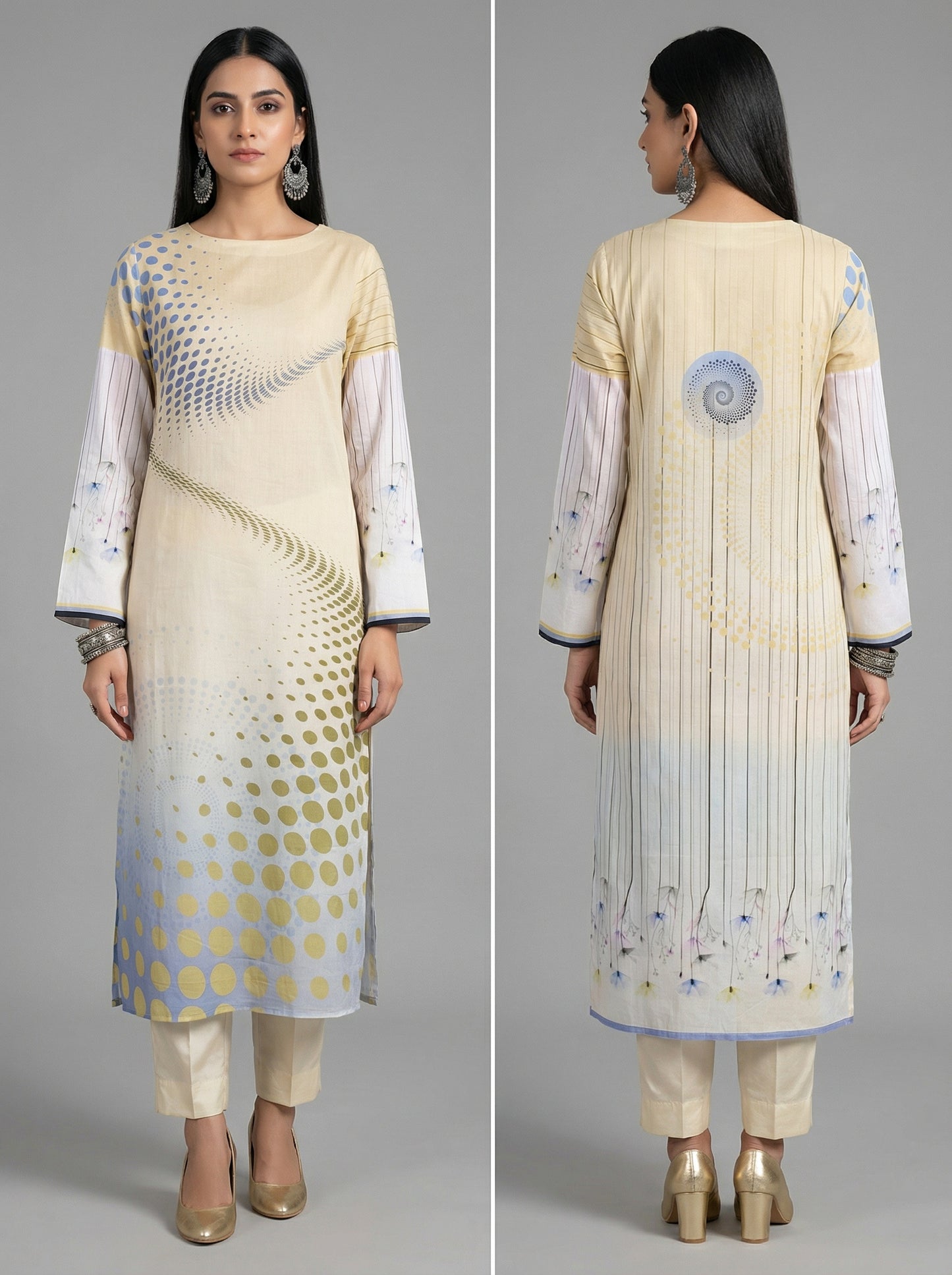 Woman wearing a cream-colored kurta with intricate patterns on a gray background