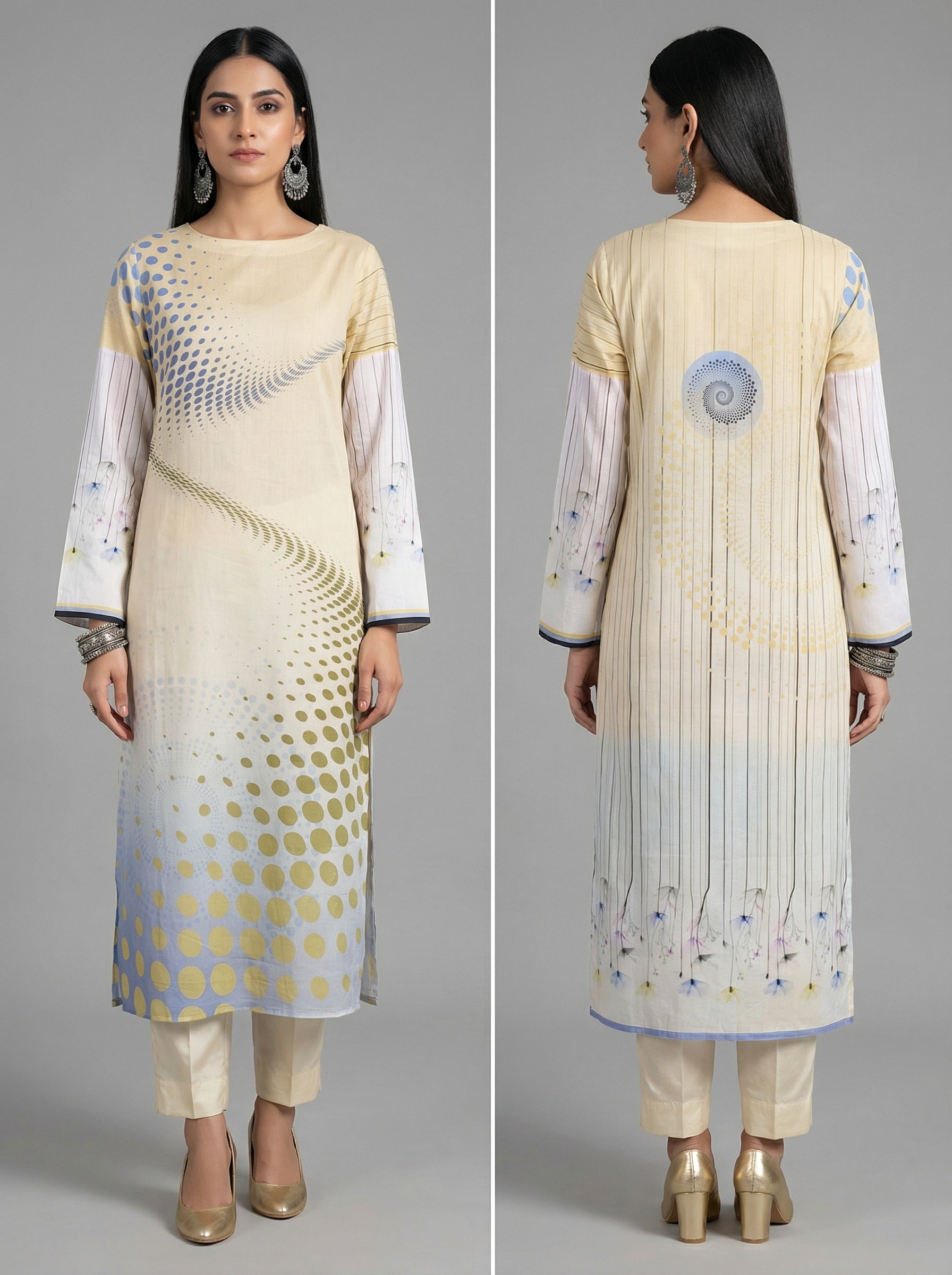 Woman wearing a cream-colored kurta with intricate patterns on a gray background