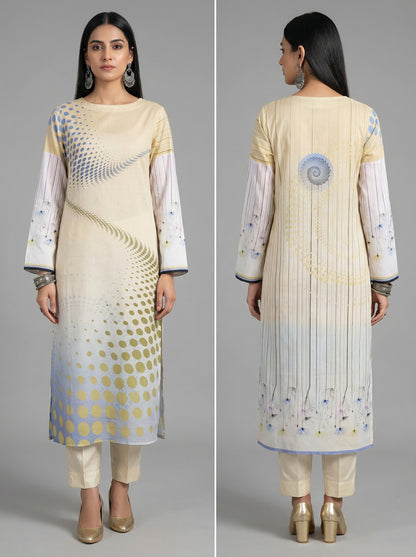 Woman wearing a cream-colored kurta with intricate patterns on a gray background