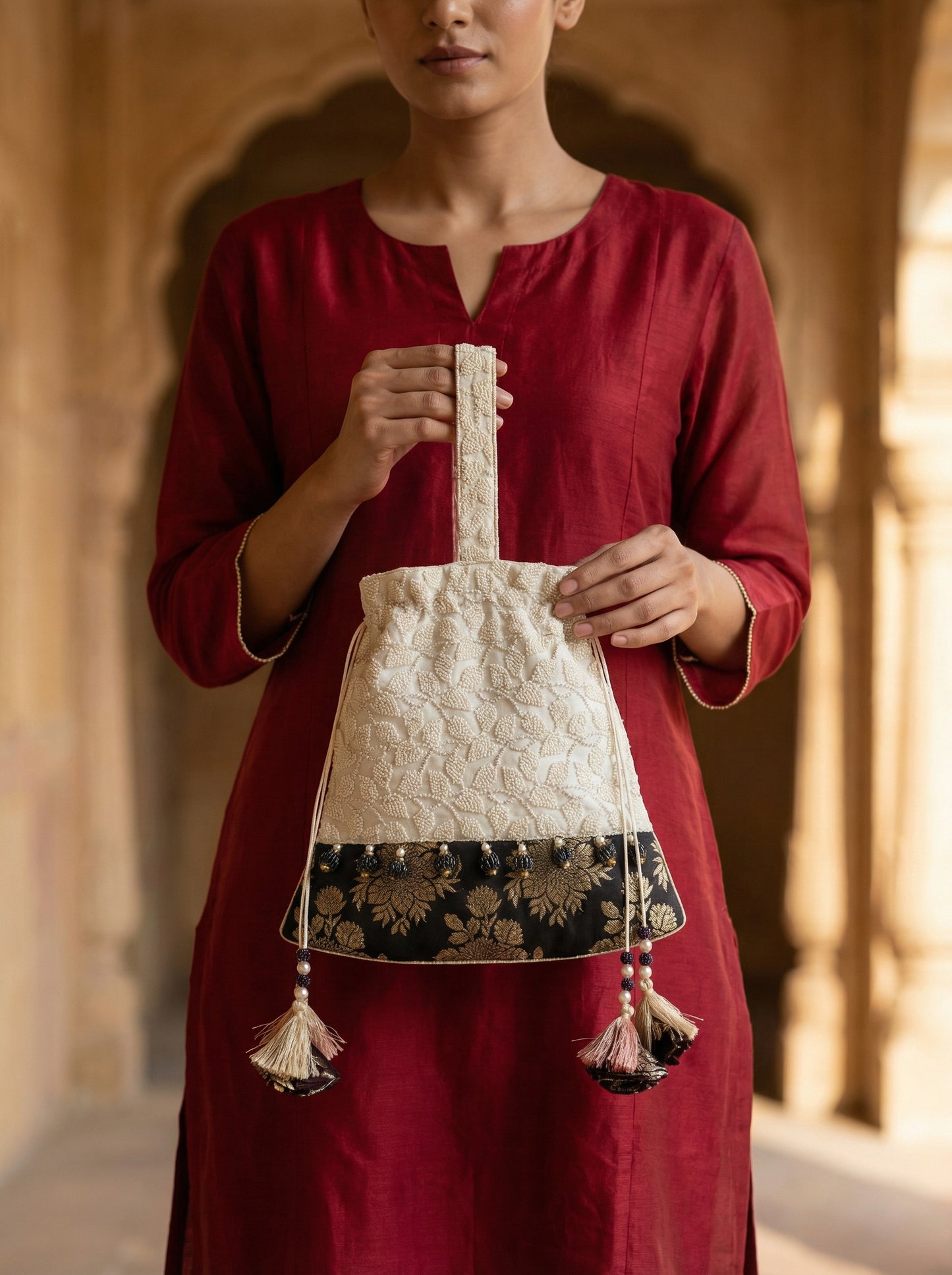 Eira Ivory Textured Bustier Potli with Brocade Floral Border