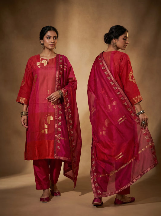 Semi Stitched Chanderi Formal Suitset