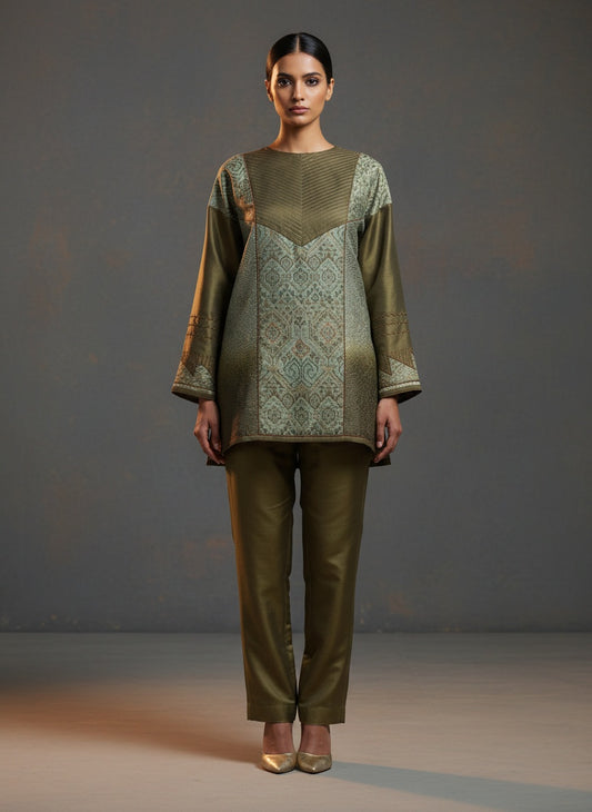 Semi Stitched Chanderi Ajrakh Short Tunic